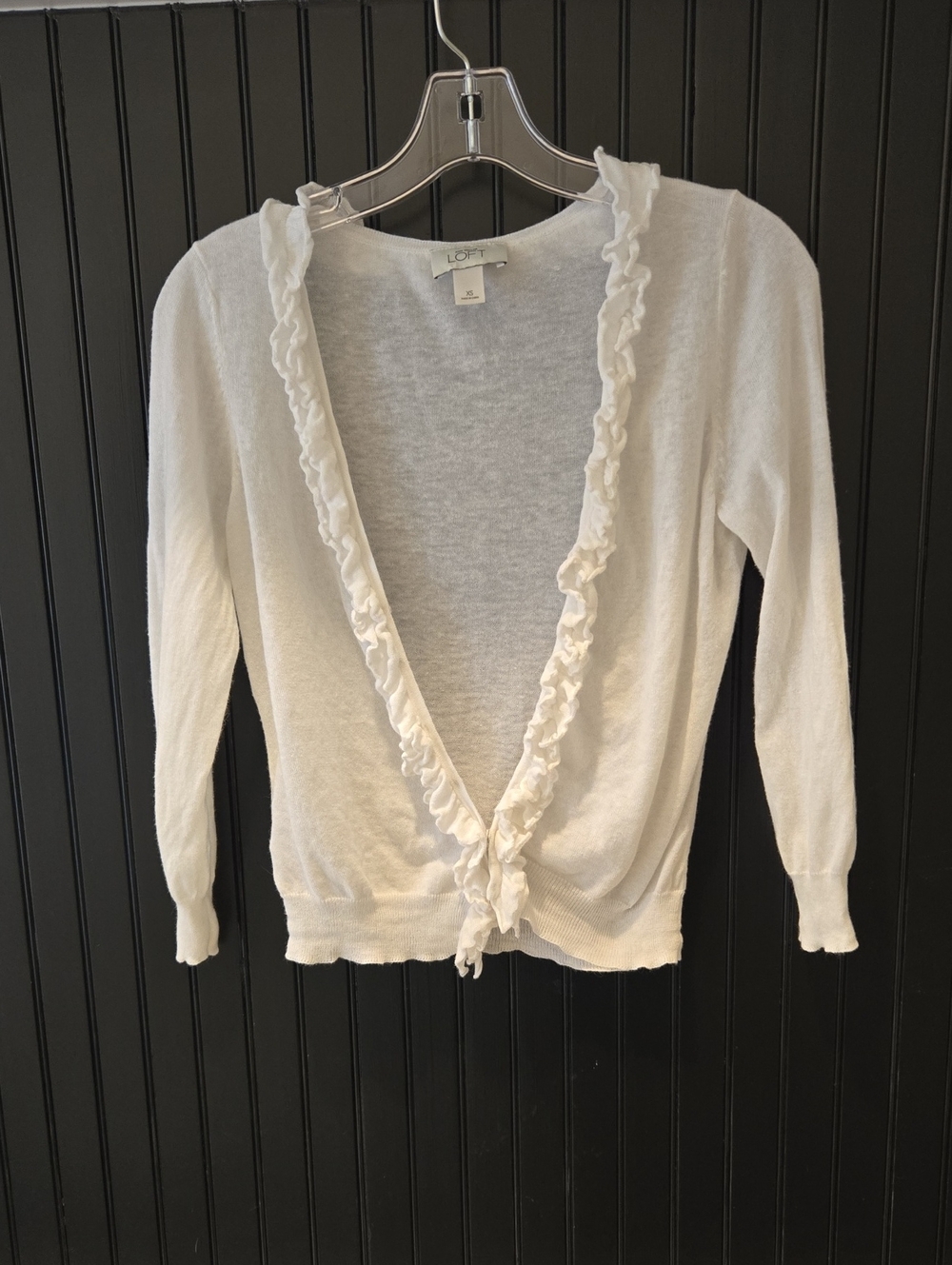 LOFT Cream Ruffle-Trim Sheer Cardigan